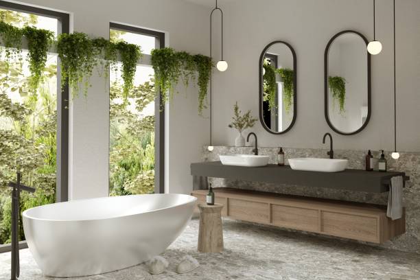 Bathroom interior with bathtub in a central place, houseplants and windows. 3d render image.